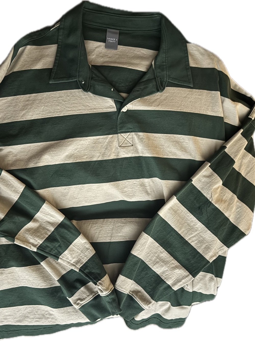 Savage x Fenty Men's Green & Cream Striped Rugby Shirt